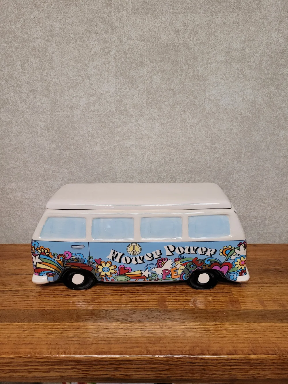 NIB Vintage Ceramic VW Bus Cookie Jar Groovy Hippie Floral Van Canister